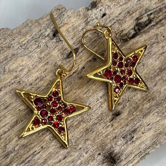 Gold with Red  Swarovski Crystals Statement Earrings - Picture 1 of 9